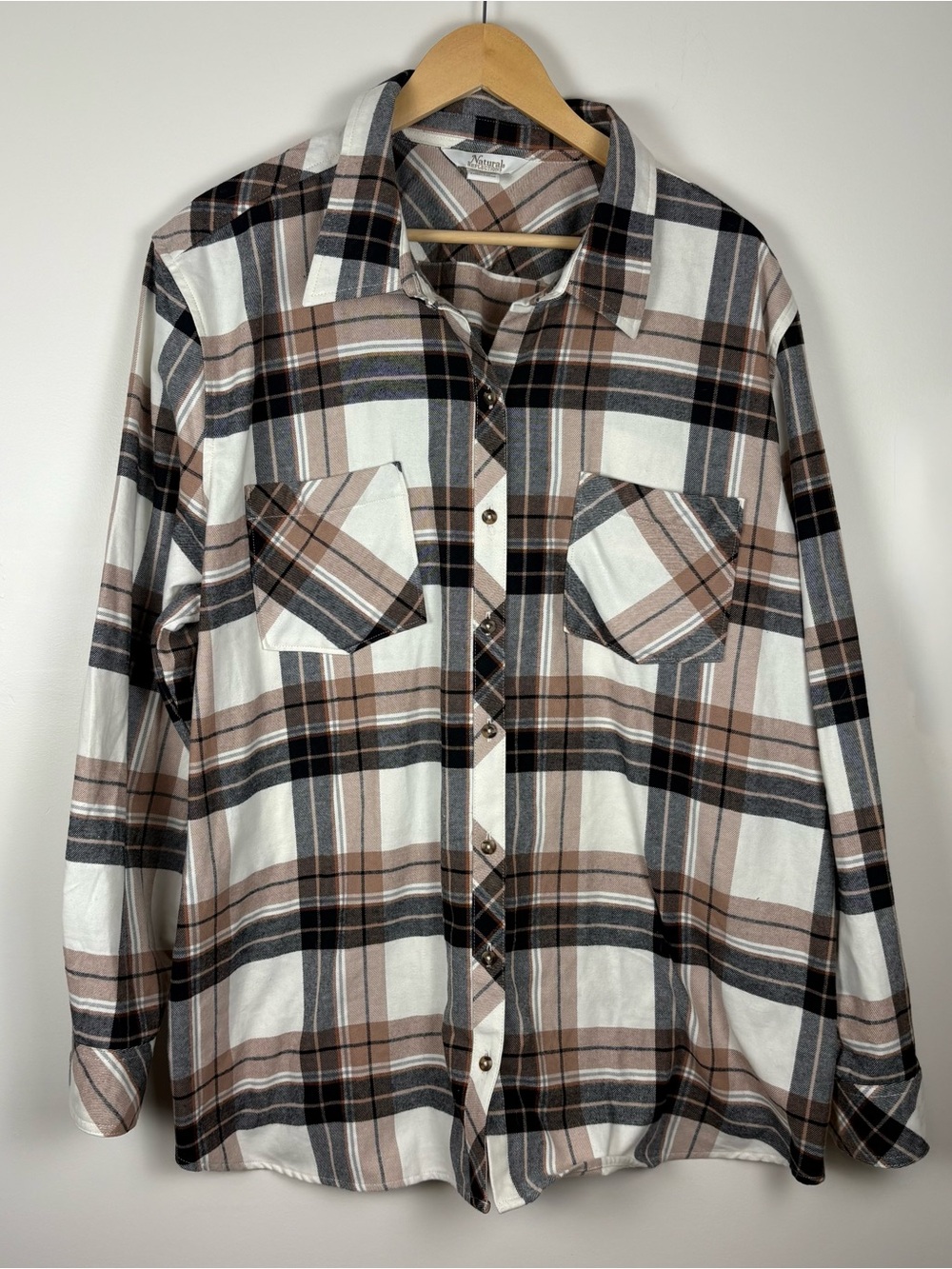 Natural Reflections Women’s White Beige Black Cozy Plaid Flannel Shirt Size 2X